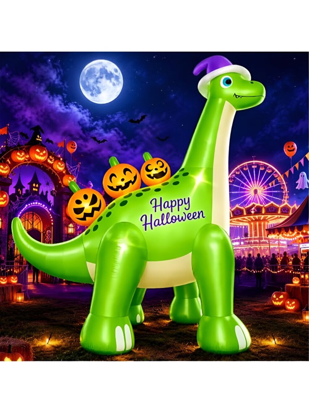 12FT Giant Halloween Inflatable Dinosaur with Witch Hat Decor